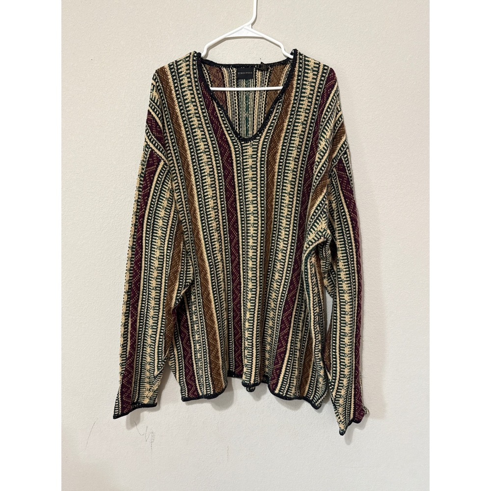 Structure V-Neck Sweater Mens XL Multi Color Stripe Geometric Knit Vintage 90s